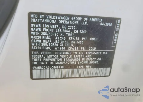 2018 Volkswagen Atlas Sel Premium from USA, damaged, VIN 1V2NR2CA3JC568799